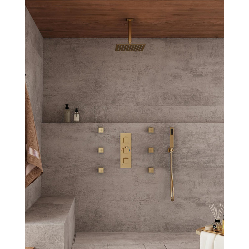 Système de douche thermostatique 3 fonctions avec 6 jets corporels Herathena, Or brossé