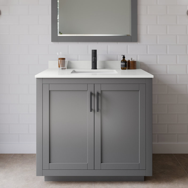 Miranda 36" Freestanding Single Bathroom Vanity with Quartz Top, White Quartz, Dark Gray, Matte Black