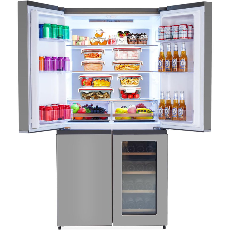 4 Door French Door Refrigerator, 21 Cu.Ft Counter Depth Stainless Steel Refrigerators, Multifunctional Fridges with Freezer, Refresh, and Wine Cooler for Kitchen, Bedroom, Office, Dorm