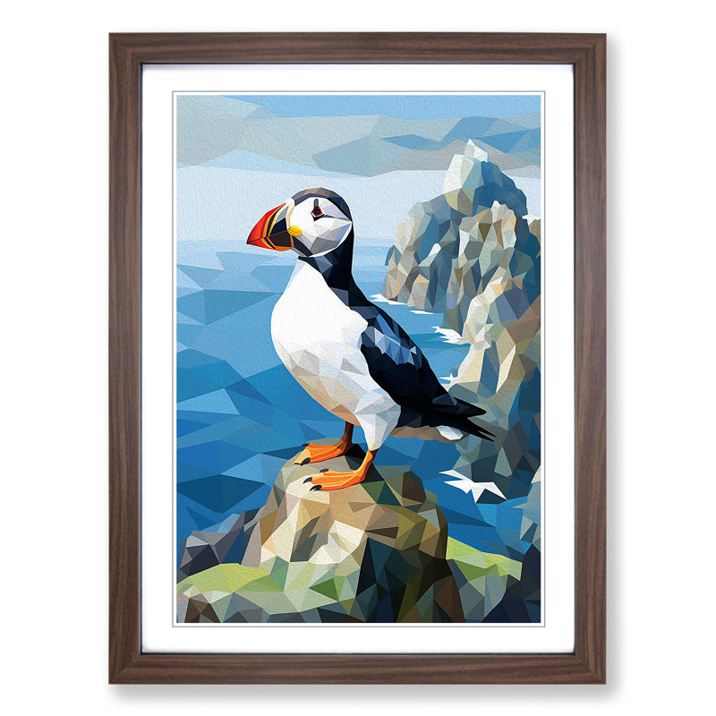 XYZ-FRM-V1223-5313 Puffin Cubism 1 Piece Single Picture Frame Wall Art, 34cm H x 25cm W x 2cm D, Walnut