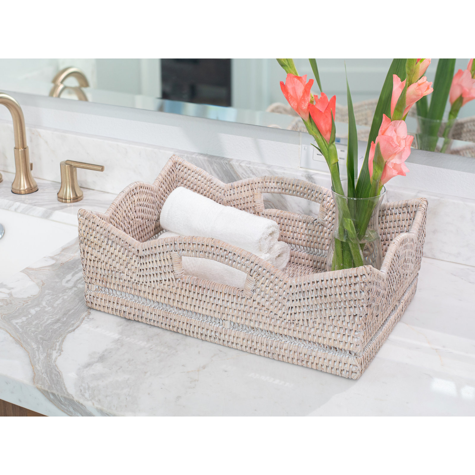 Handmade Coastal Rattan Basket With Handles 1, White