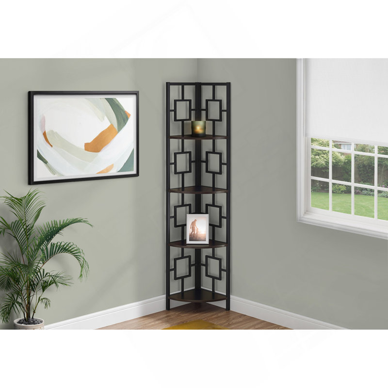 Bookshelf, Bookcase, Etagere, Corner, 4 Tier, 62"H, Office, Bedroom, Laminate, Metal, Contemporary, Modern, Espresso