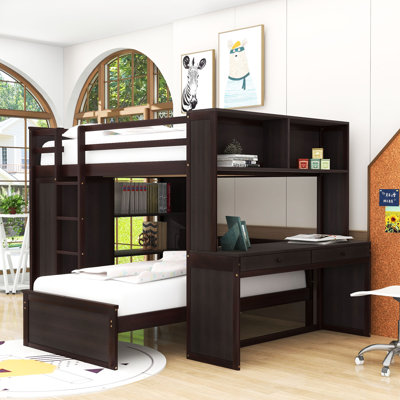 Lit superposé en bois 2 tiroirs avec tablettes, bureau et garde-robe Crone