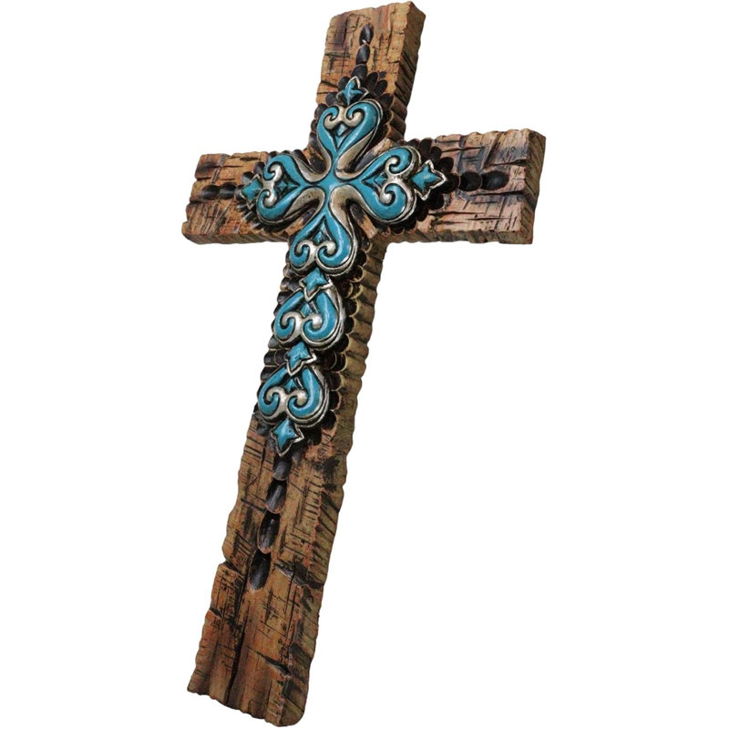 Croix murale rustique rustique fleur de lys turquoise du sud-ouest