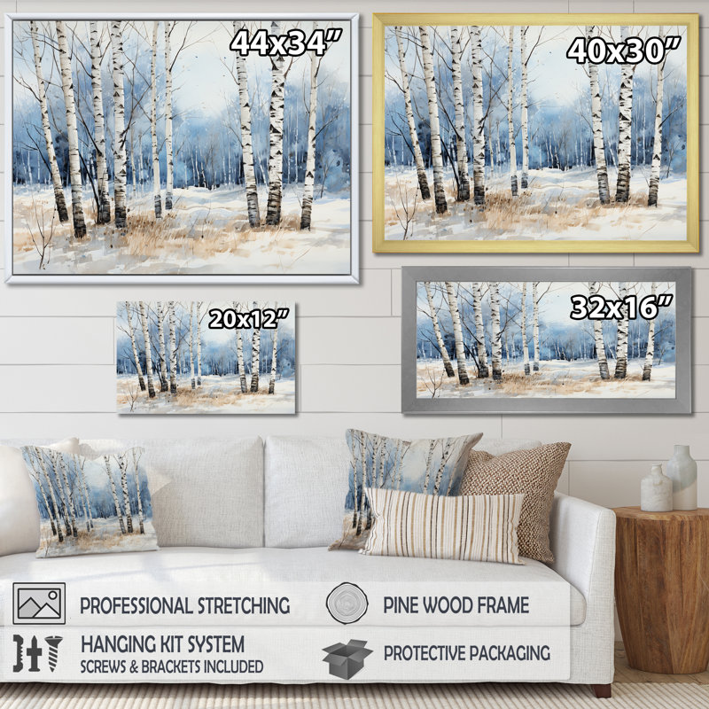 Bois de bouleau blanc et bleu en hiver - Art mural bouleau, H 16 po x l 32 po x P 1 po, Cadre flottant noir