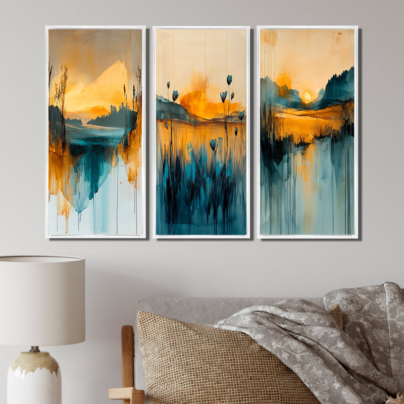 «Orange Twilight Calm Meadow I», collection d'art mural Green Meadow, 3 panneaux, H 28 po x l 36 po, Blanc