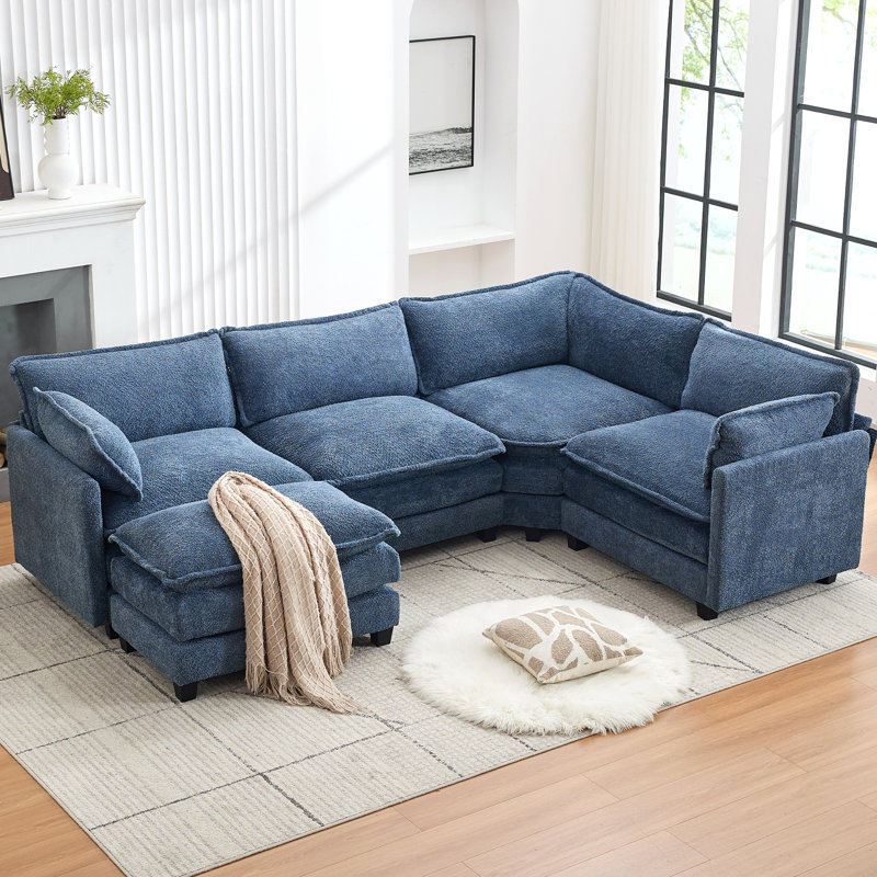 Canapé d'angle modulaire en L en chenille bleu marine avec repose-pieds amovible surdimensionné et canapé profond