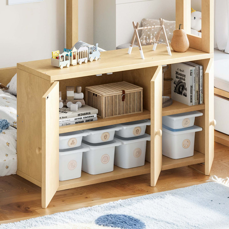 Lit mezzanine pour enfants (deux lits simples superposés) avec escalier de rangement, en bois massif, avec comptoir de supérette factice et espace sous le lit convertible pour dormir ou jouer.
