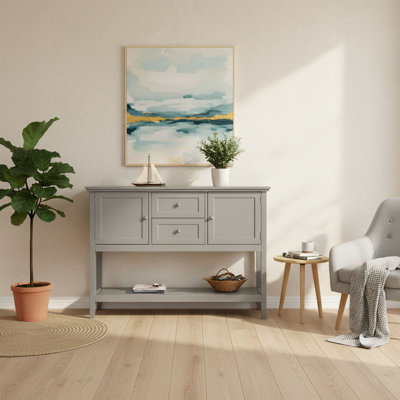 Gray Wooden Sideboard With 2 Drawers + Cabinet + Storage Shelf. Large Capacity Storage Design, Suitable For Living Room, Kitchen, And Dining Room. Multifunctional Solid Wood Storage Furniture For Home Use.