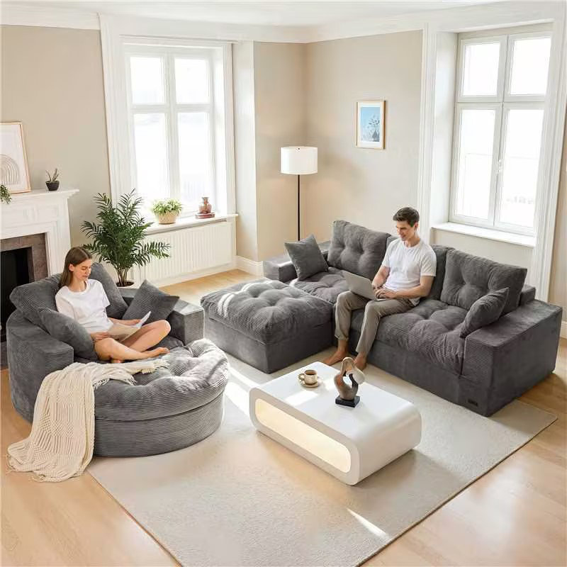 Sofa Couch And Chaise Lounge Set,Corduroy Boneless Floor Sofa Bed For Living Room, Dark Gray