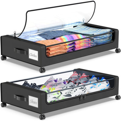Rangement sous le lit avec roulettes, paquet de 2 contenants de rangement sous le lit avec couvercles, bacs de rangement pour chaussures sous le lit XXL 60L, rangement sous le lit pour les vêtements, les chaussures et les couvertures (noir)