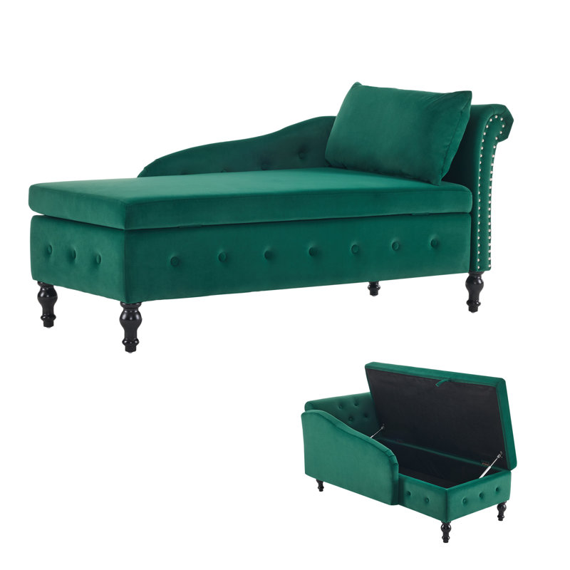 Modern Nailhead-trim & Button-tufted Lounge Chair, Velvet Chaise Lounge Sofa With Storage, Bedroom And Office, Green