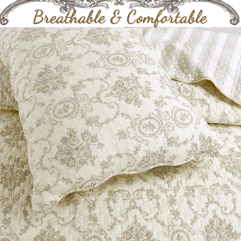 French Medallion Farmhouse / Country Cotton Medallion Quilt, Ivory/Cream, Queen Quilt + 2 Shams