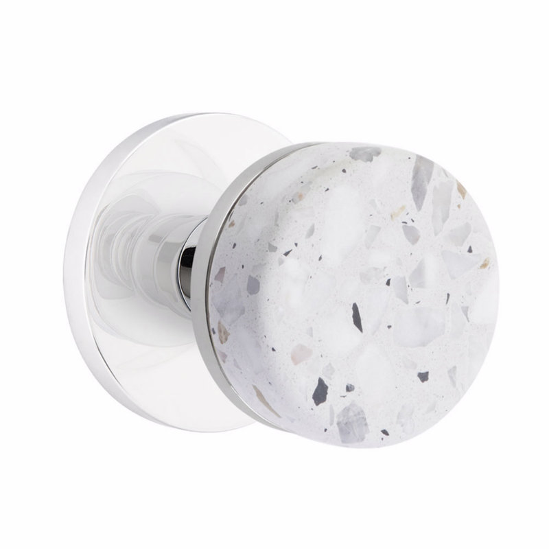 Ensemble de faux boutons Emtek Select, rosette à disque, tige conique, bouton terrazzo clair, Chrome poli