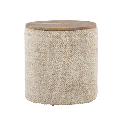 Tahoe Contemporary Wood Storage Ottoman in Beige Handwoven Wool and Mango Wood
