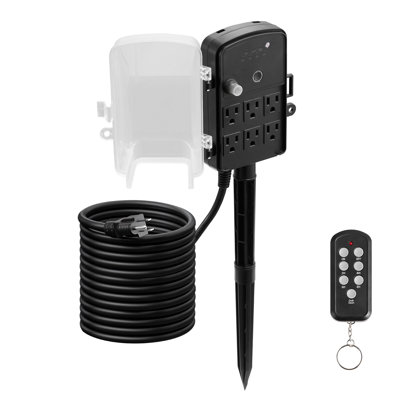Piquet d'alimentation extérieur, cordon d'extension de 25 pi, multiprise extérieure avec couvercle, minuterie télécommandée étanche du matin à l'aube, 6 prises, 1875 W / 15 A, pour les lumières de Noël, jardin