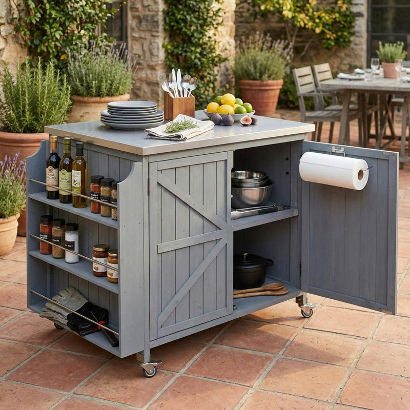 Îlot de cuisine extérieur avec tablette latérale, chariot de barbecue extérieur avec armoire de rangement, Gris