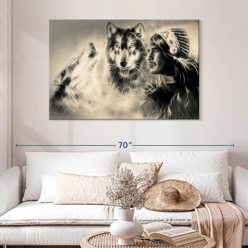 Leisha Native American Wolf Warrior, 32" H x 48" W