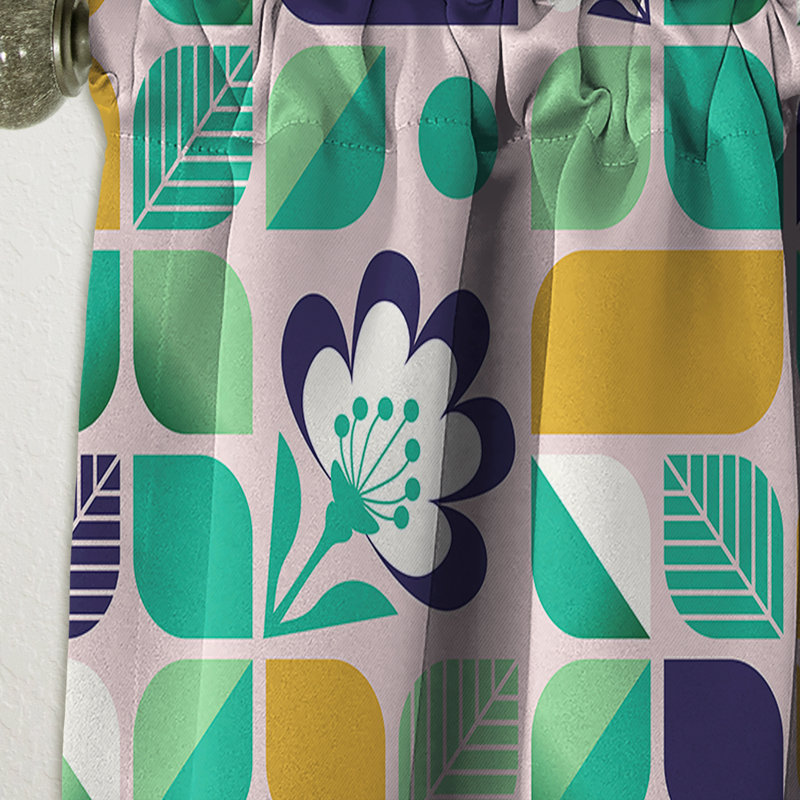 Motif géométrique avec feuilles et fleurs - Rideau simple occultant Mid-Century, L 52 po x L 108 po