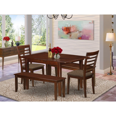  5 Piece Dining Table Set Includes a Rectangle Kitchen Table with Butterfly Leaf and 2 Linen Fabric Dining Chairs with 2 Benches, 36x54 Inch, Mahogany