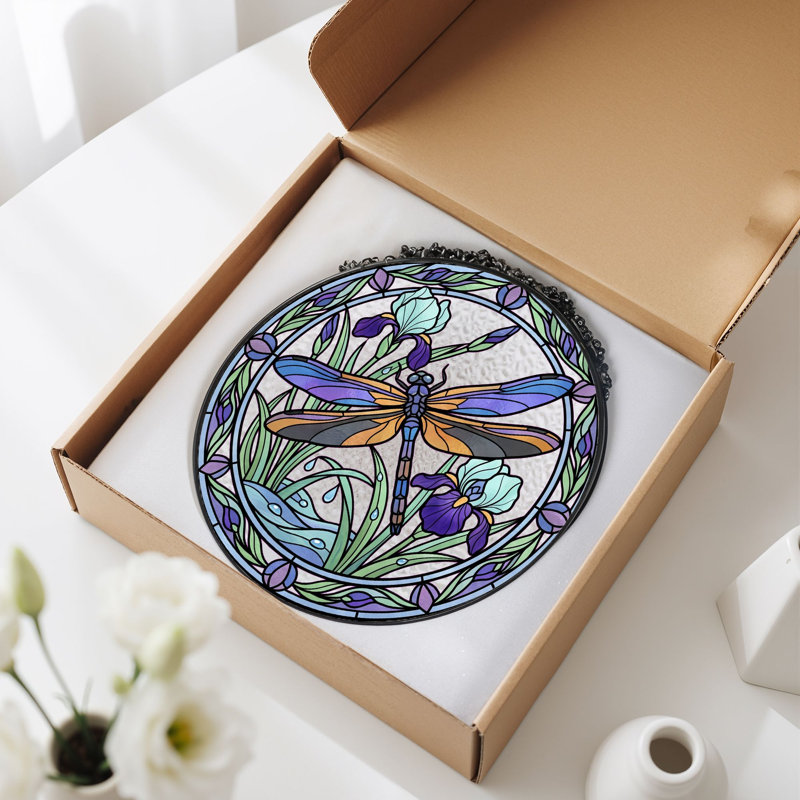 Dragonfly Iris Stained Glass Window Panel，12"H, 12"H
