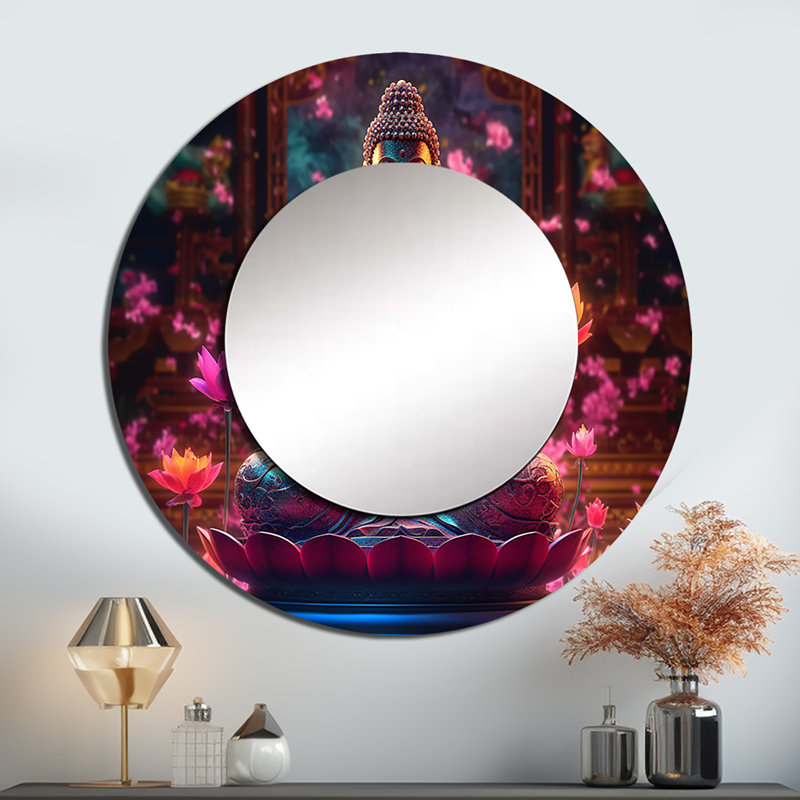 Pompéa Starlight Buddha I - miroir de paysage, miroir mural décoratif rond traditionnel, impression d'art en métal