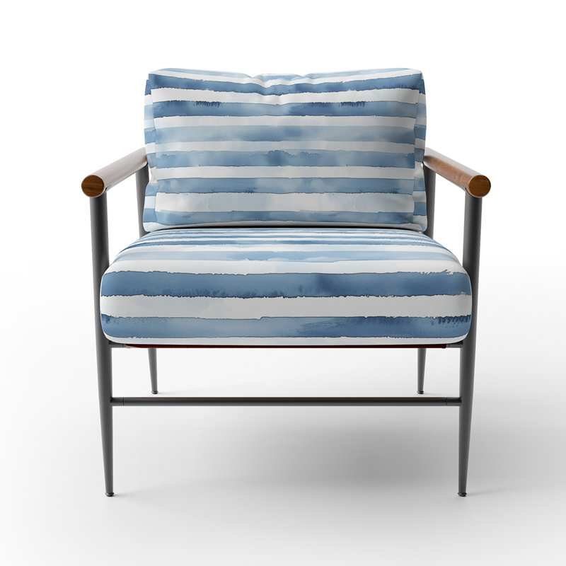 Chaise rembourrée rayée - bleu et blanc, Bras ronds bruns