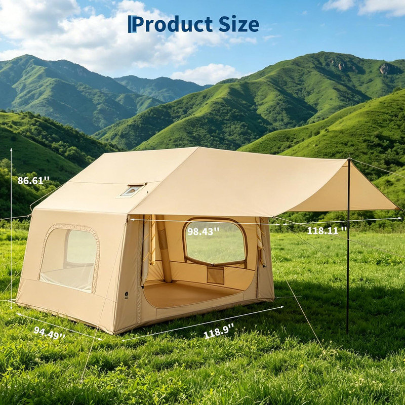 Tente de camping gonflable pour 3 à 6 personnes - auvent surdimensionné, installation en 5 minutes, fenêtres en filet et auvent