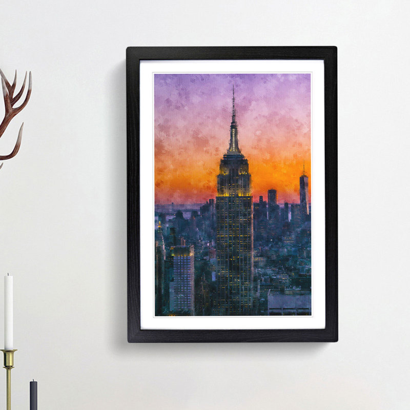 Empire State Building Sunset Framed Print, 33cm H x 24cm W x 2cm D, Black Framed
