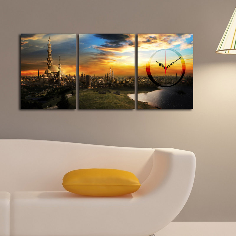 Ensemble de 3 horloges murales élégantes en toile décorative, toile suède, taille totale: 35,4 x 15,0 pouces | 100% cadre en bois, épaisseur: 1,2 po | Parfait pour la décoration intérieure, l'esthétique moderne et l'heure unique