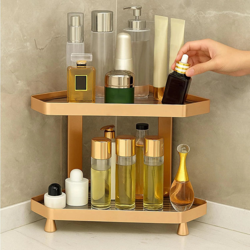 2-Tier Corner Countertop Organizer, Aluminum Vanity Shelf With Removable Panels For Bathroom, Bedroom & Skincare Storage