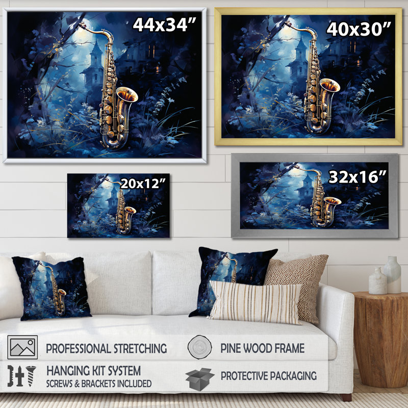 Saxophone bleu minuit - musique encadrée, art mural, Cadre flottant doré, H 30 po x l 40 po x P 1,5 po