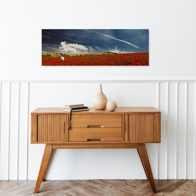 Promenade à travers des coquelicots, paysage paisible et serein, H 12 po x l 36 po