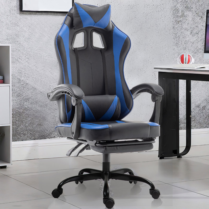 Radelldar Adjustable Reclining Ergonomic Faux Leather Swiveling PC & Racing Game Chair with Footrest, Black/Blue