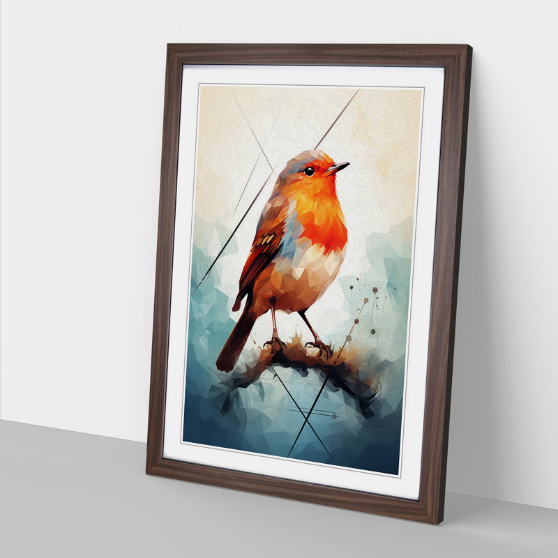 Robin Bird Geometric - Single Picture Frame Print on Wood, Walnut Framed, 64cm H x 46cm W x 2cm D