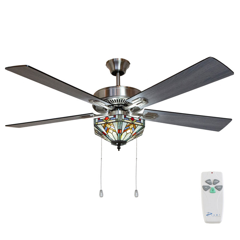 52" Londono Mission Stained Glass Satin Nickel Ceiling Fan, Pull Chain