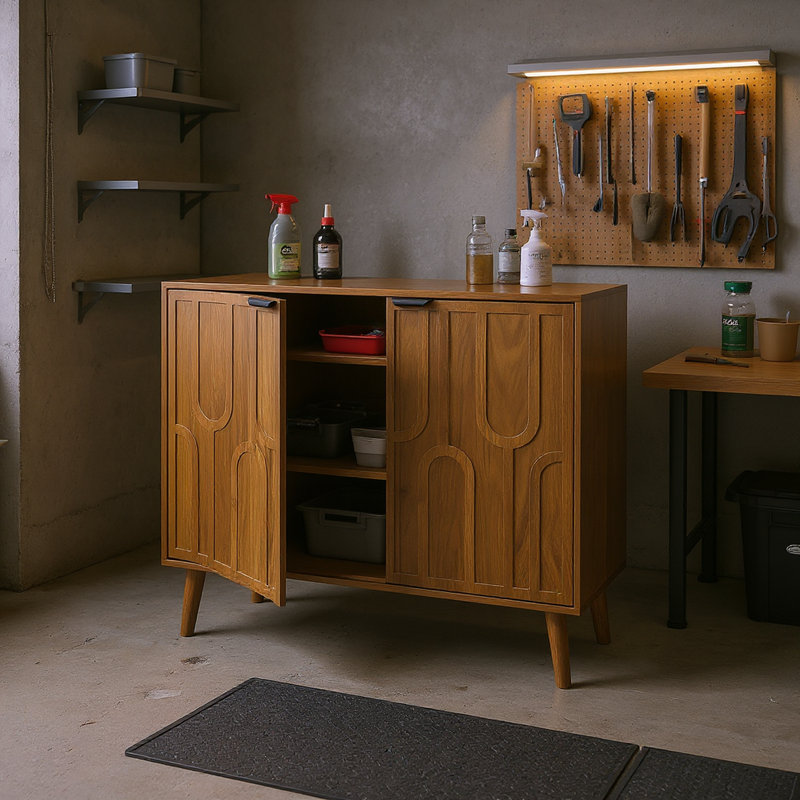 31.5" Organizer Walnut Garage Storage Cabinet with Slatted Doors, Adjustable Shelves & Safety Kit