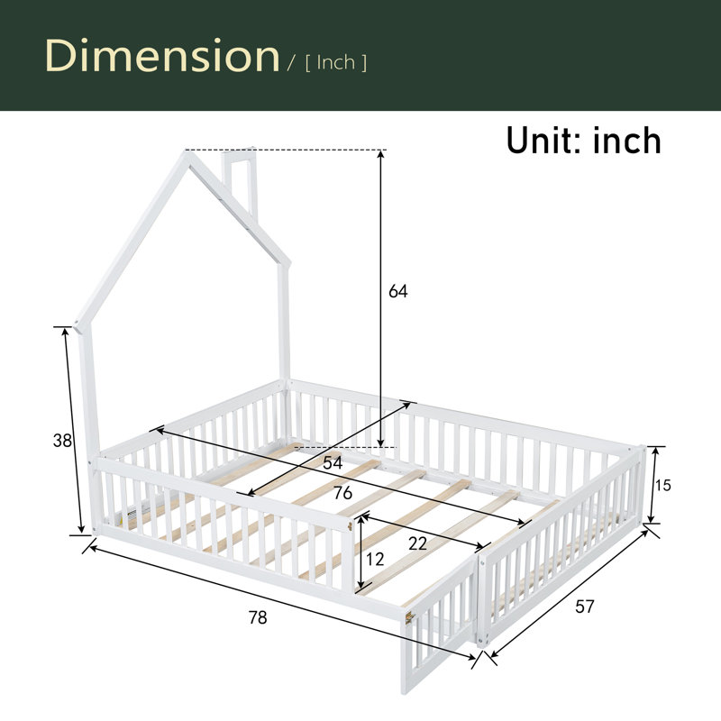 House Platform Bed With Guardrail, White