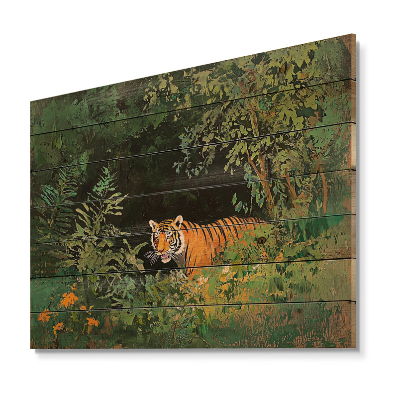 Tigre dans la forêt tropicale II - Art mural moderne en bois sur bois de pin naturel, H 34 po x l 44 po