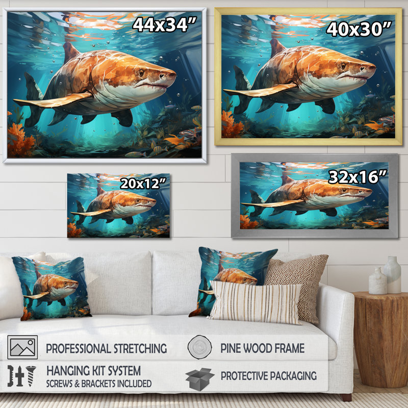 " Grey Teal Shark Underwater Symphony ", Gold Picture Framed, 30" H x 40" W