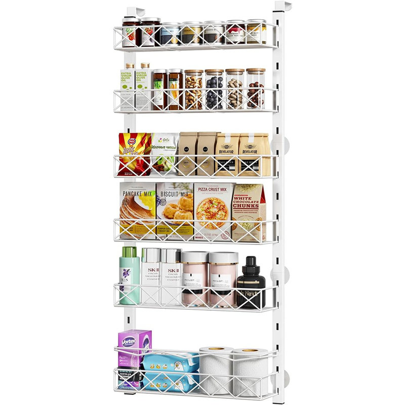 Au-dessus de la porte - Blanc - Organisateur de porte de garde-manger à 6 niveaux avec paniers réglables, support à épices suspendu, tablettes pour l'organisation et le rangement de la salle de lavage