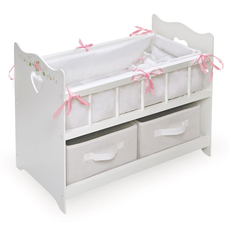Storage Doll Crib with Bedding and Free Personalization Kit - White