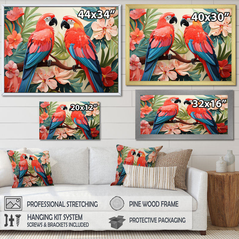 Fleurs tropicales roses et bleues - art mural perroquet, H 24 po x l 32 po x P 1 po, Cadre flottant brun
