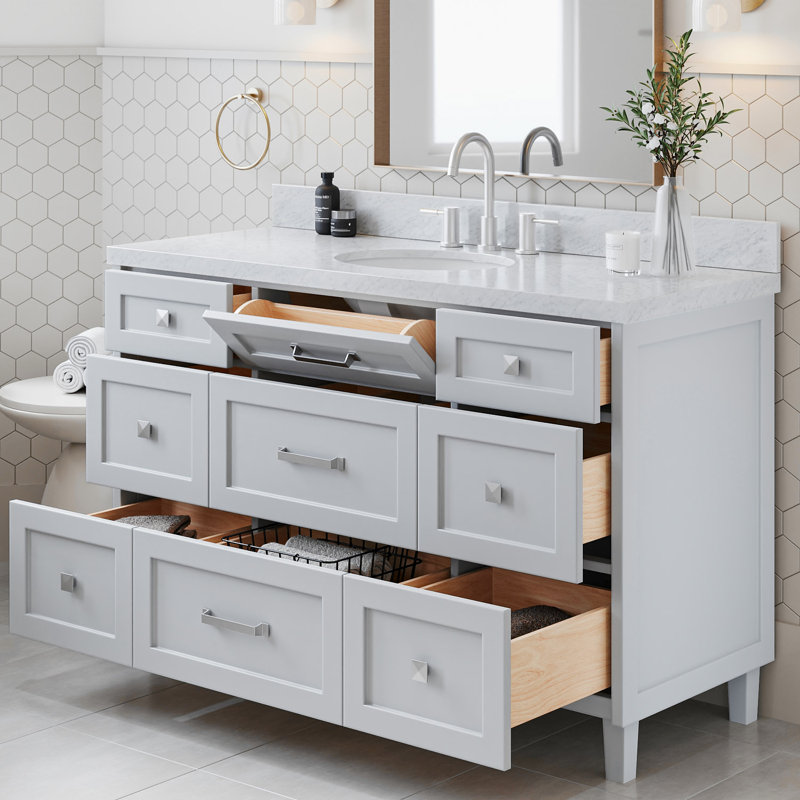 ARIEL Monroe 54 Single Sink Bathroom Vanity with Carrara Quartz Top, 61", Carrara White Marble, Gray
