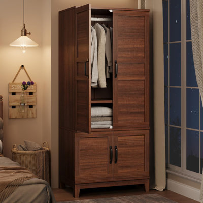72" Wooden Armoire Wardrobe Closet with 4 Doors Freestanding Cabinet with Hanging Rod for Bedroom Rustic Brown by Winston Porter