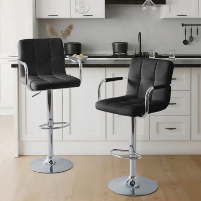 Set of 2 Adjustable Swivel Bar Stools, Modern PU Leather Upholstered Counter Height Bar Chairs with Chrome Base and Footrest, Black