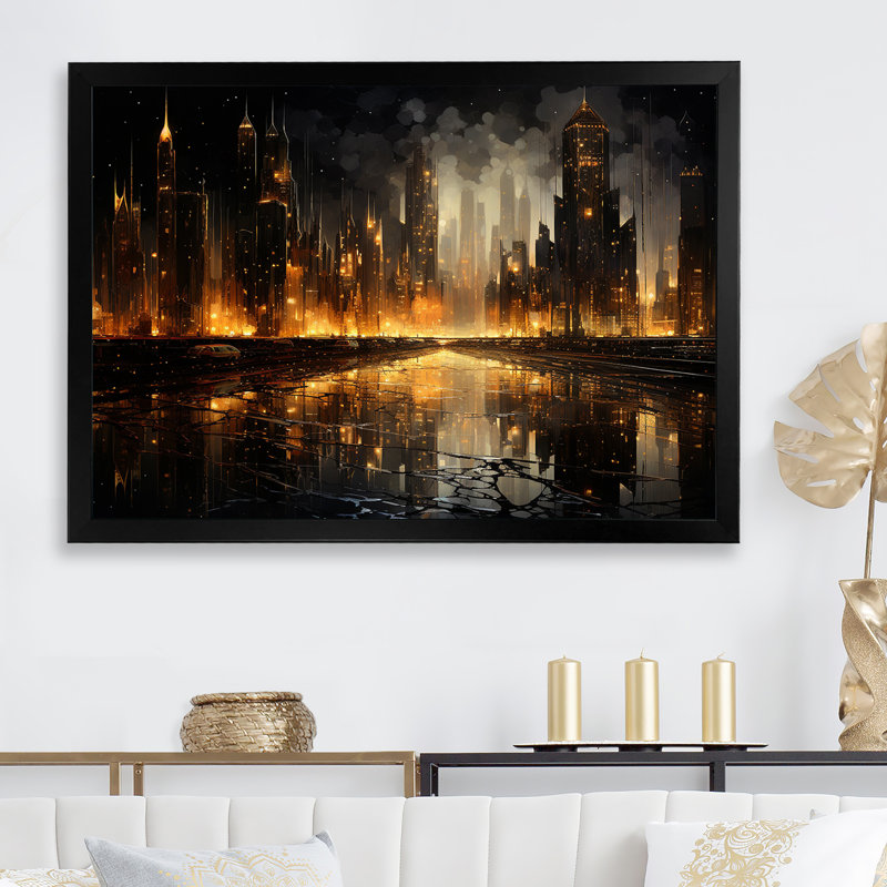 Nyc Cityscape Night Noir sur toile, Cadre simple noir, H 30 po x l 40 po x P 1,5 po