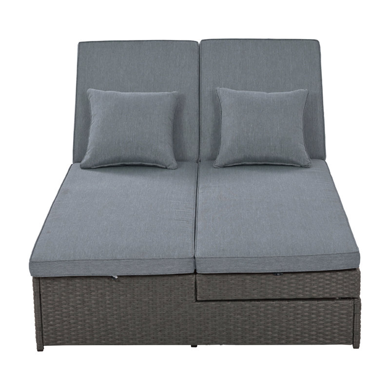 Outdoor Double Sunbed, Wicker Rattan Patio Reclining Chairs With Adjustable Backrest And Seat, Conversational Set For 2 Person
