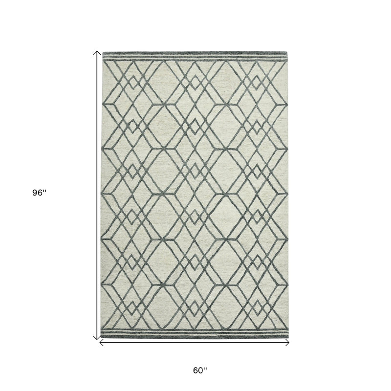 Tapis géométrique crocheté à la main ivoire et gris en laine 5 pi x 8 pi