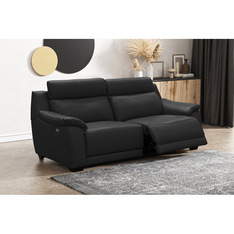 Latrale 213Cm Genuine Leather Pillow Top Arm Reclining Commercial Use Sofa, Black